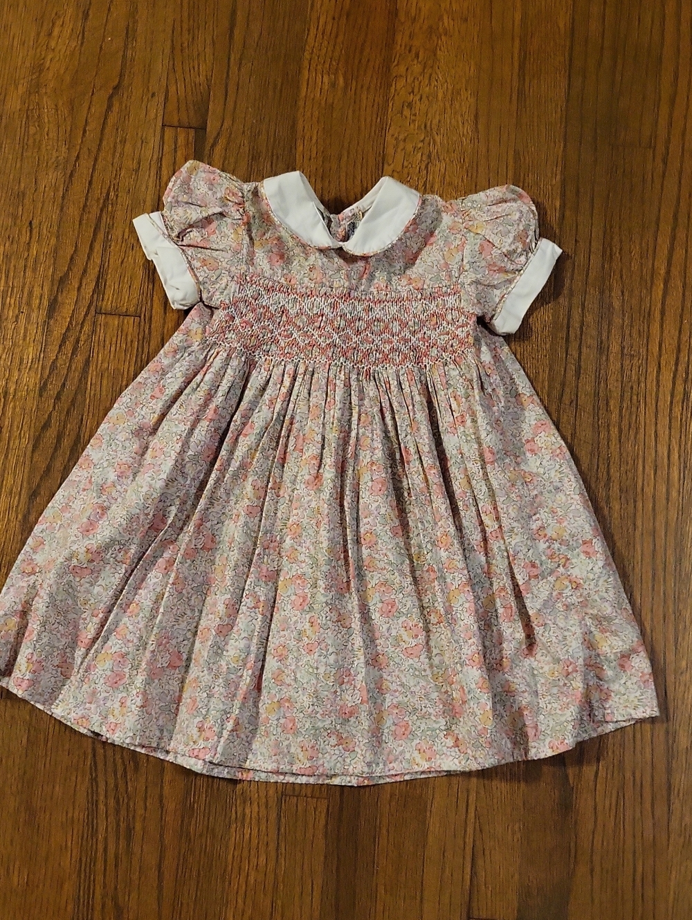 Hand Smocked Vintage Floral Peter Pan Collar Kids Dress - Pink